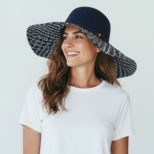 Fashion Hat Wide Brim Woven Sun Hat Beaded String Band Blue NWT 9041